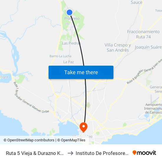 Ruta 5 Vieja & Durazno  Km 28.800 to Instituto De Profesores Artigas map