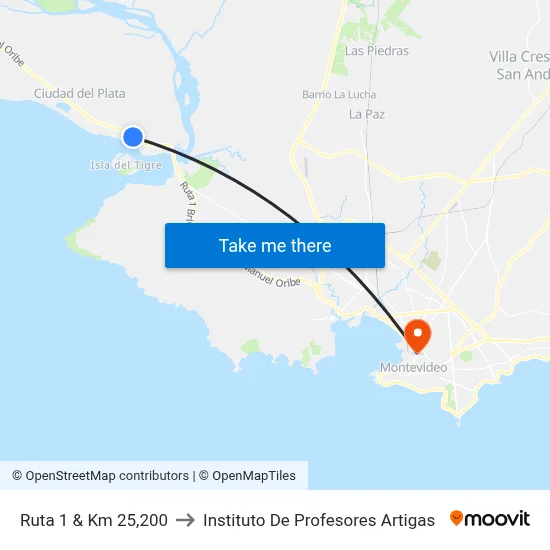 Ruta 1 & Km 25,200 to Instituto De Profesores Artigas map