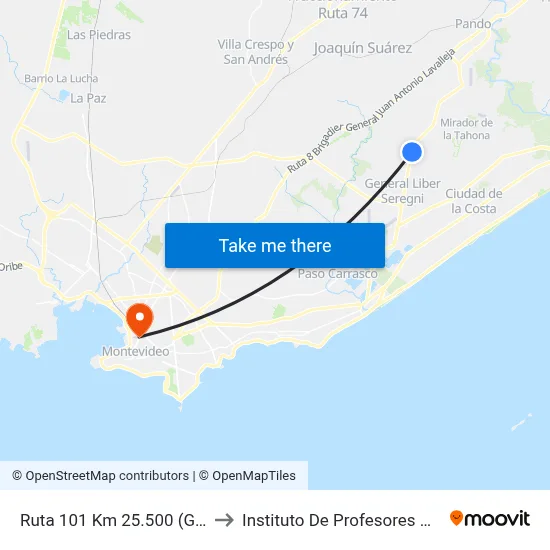 Ruta 101 Km 25.500 (Gianni) to Instituto De Profesores Artigas map