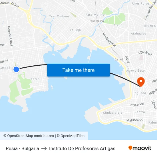 Rusia - Bulgaria to Instituto De Profesores Artigas map