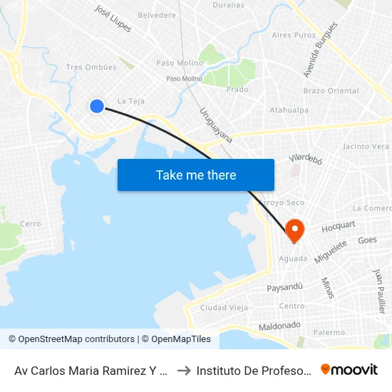 Av Carlos Maria Ramirez Y Rivera Indarte to Instituto De Profesores Artigas map