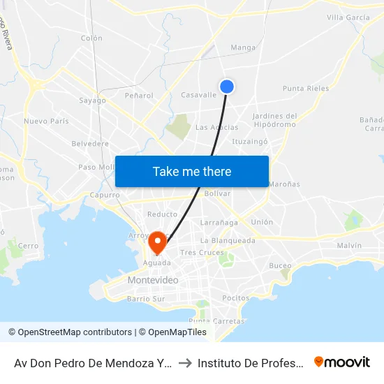 Av Don Pedro De Mendoza Y Cno Tte Rinaldi to Instituto De Profesores Artigas map