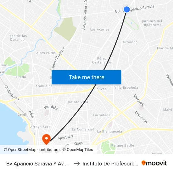 Bv Aparicio Saravia Y Av Gral Flores to Instituto De Profesores Artigas map