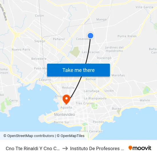 Cno Tte Rinaldi Y Cno Colman to Instituto De Profesores Artigas map