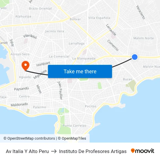 Av Italia Y Alto Peru to Instituto De Profesores Artigas map
