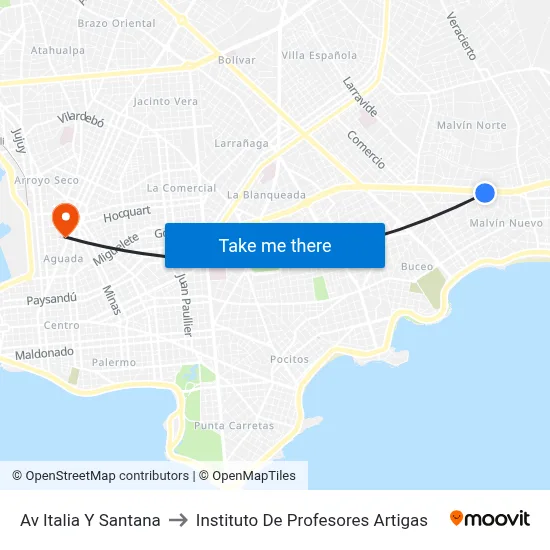 Av Italia Y Santana to Instituto De Profesores Artigas map