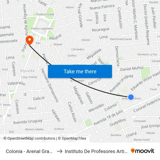 Colonia - Arenal Grande to Instituto De Profesores Artigas map