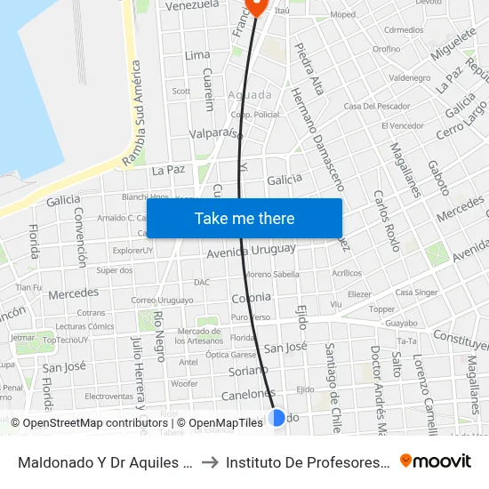 Maldonado Y Dr Aquiles R Lanza to Instituto De Profesores Artigas map
