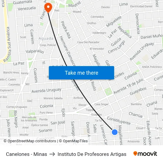 Canelones - Minas to Instituto De Profesores Artigas map