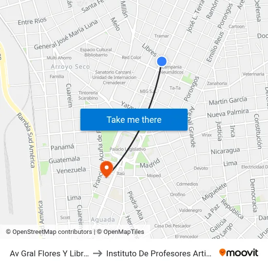Av Gral Flores Y Libres to Instituto De Profesores Artigas map