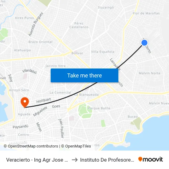 Veracierto - Ing Agr Jose Otamendi to Instituto De Profesores Artigas map
