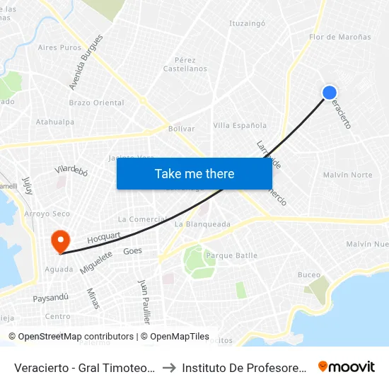 Veracierto - Gral Timoteo Aparicio to Instituto De Profesores Artigas map