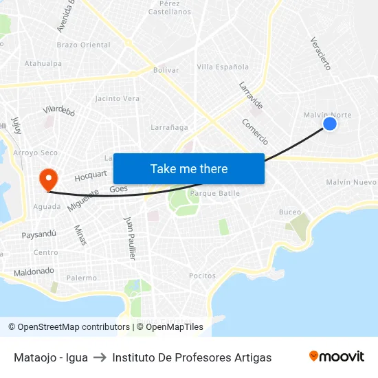 Mataojo - Igua to Instituto De Profesores Artigas map