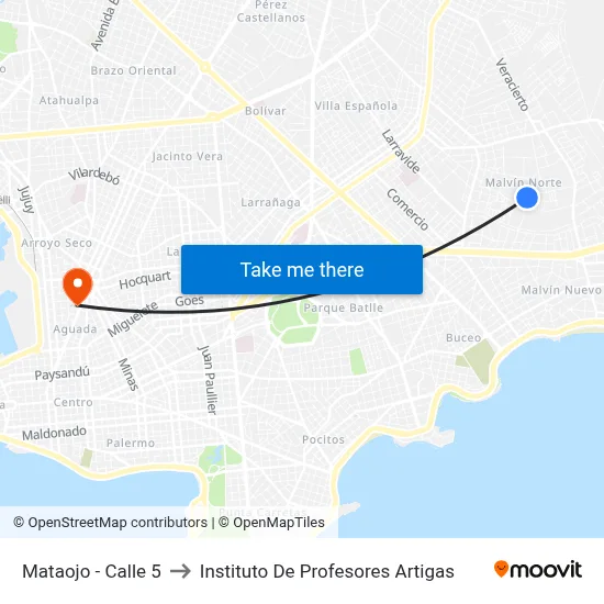Mataojo - Calle 5 to Instituto De Profesores Artigas map