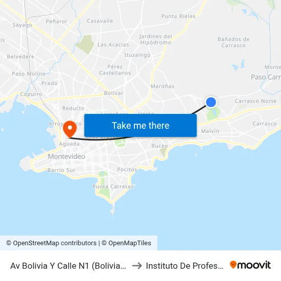 Av Bolivia Y Calle N1 (Bolivia Y Cno Carrasco) to Instituto De Profesores Artigas map