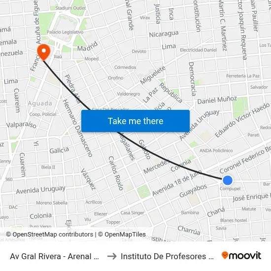 Av Gral Rivera - Arenal Grande to Instituto De Profesores Artigas map