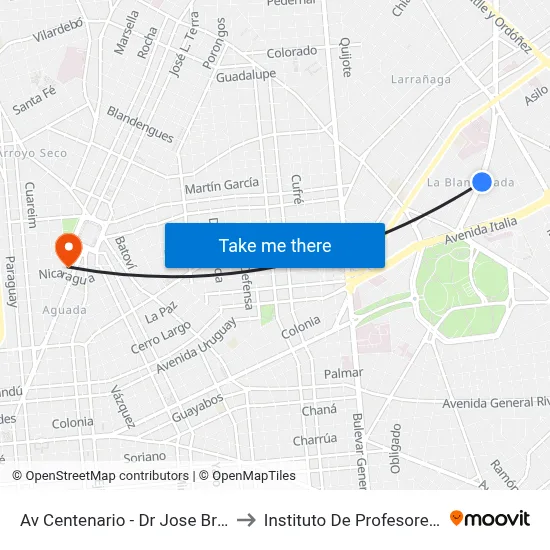 Av Centenario - Dr Jose Brito Foresti to Instituto De Profesores Artigas map