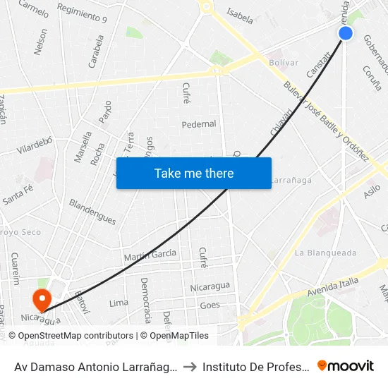 Av Damaso Antonio Larrañaga - 20 De Febrero to Instituto De Profesores Artigas map