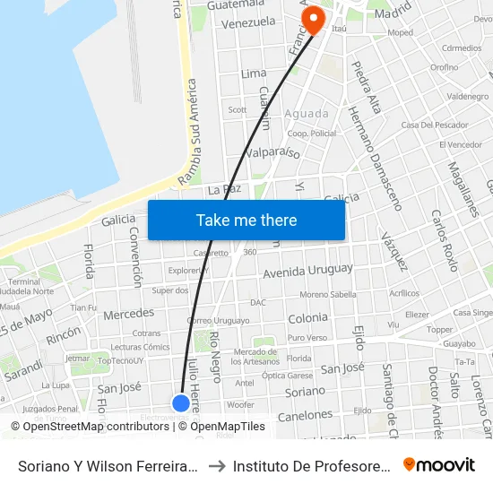 Soriano Y Wilson Ferreira Aldunate to Instituto De Profesores Artigas map