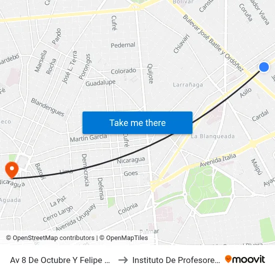 Av 8 De Octubre Y Felipe Sanguinetti to Instituto De Profesores Artigas map