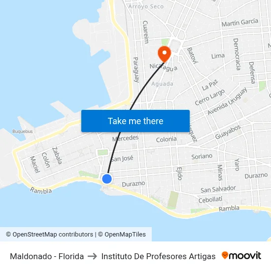 Maldonado - Florida to Instituto De Profesores Artigas map