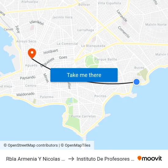 Rbla Armenia Y Nicolas Piaggio to Instituto De Profesores Artigas map