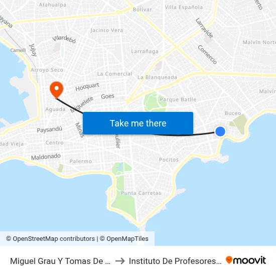 Miguel Grau Y Tomas De Tezanos to Instituto De Profesores Artigas map