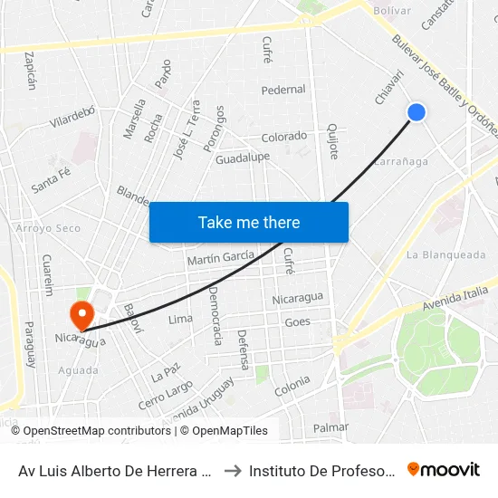Av Luis Alberto De Herrera Y Emilio Raña to Instituto De Profesores Artigas map