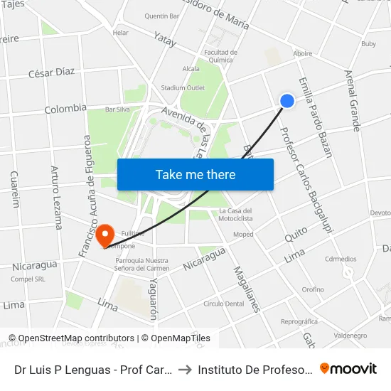 Dr Luis P Lenguas - Prof Carlos Bacigalupi to Instituto De Profesores Artigas map