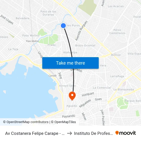 Av Costanera Felipe Carape - Gral Jose R Usera to Instituto De Profesores Artigas map