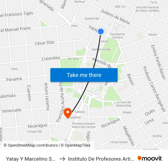Yatay Y Marcelino Sosa to Instituto De Profesores Artigas map