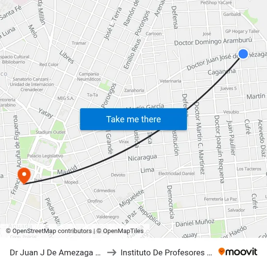 Dr Juan J De Amezaga Y Cufre to Instituto De Profesores Artigas map