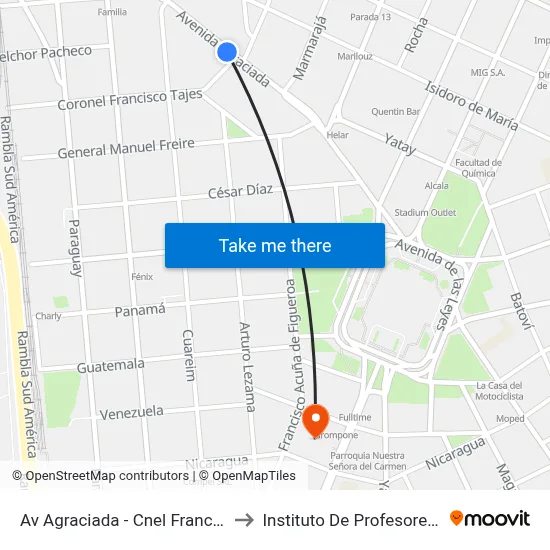 Av Agraciada - Cnel Francisco Tajes to Instituto De Profesores Artigas map