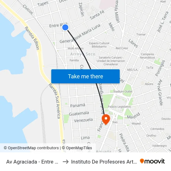 Av Agraciada - Entre Rios to Instituto De Profesores Artigas map