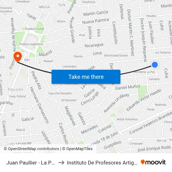 Juan Paullier - La Paz to Instituto De Profesores Artigas map