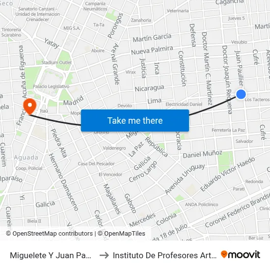 Miguelete Y Juan Paullier to Instituto De Profesores Artigas map
