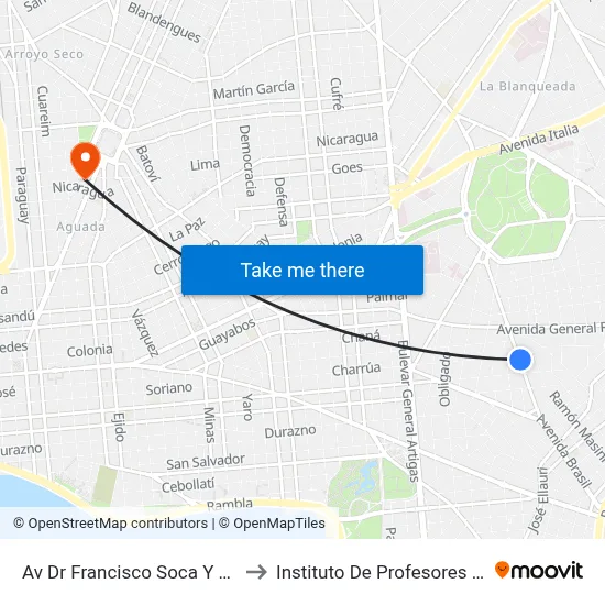 Av Dr Francisco Soca Y Charrua to Instituto De Profesores Artigas map