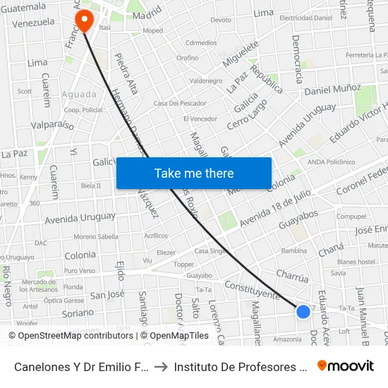 Canelones Y Dr Emilio Frugoni to Instituto De Profesores Artigas map