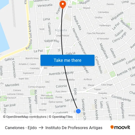 Canelones - Ejido to Instituto De Profesores Artigas map