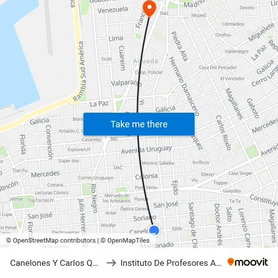 Canelones Y Carlos Quijano to Instituto De Profesores Artigas map