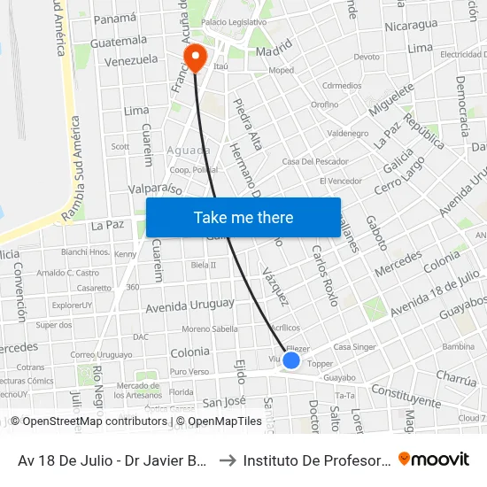Av 18 De Julio - Dr Javier Barrios Amorin to Instituto De Profesores Artigas map