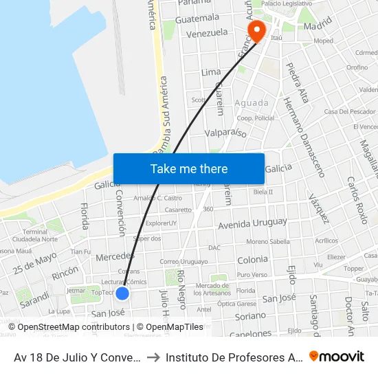Av 18 De Julio Y Convencion to Instituto De Profesores Artigas map