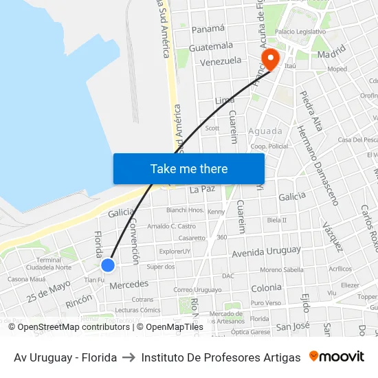 Av Uruguay - Florida to Instituto De Profesores Artigas map