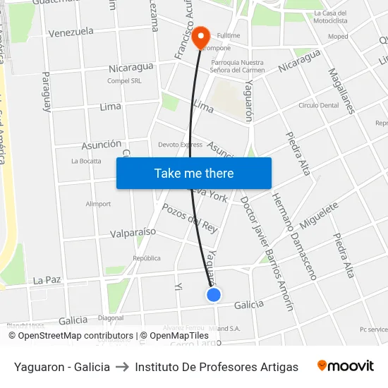 Yaguaron - Galicia to Instituto De Profesores Artigas map