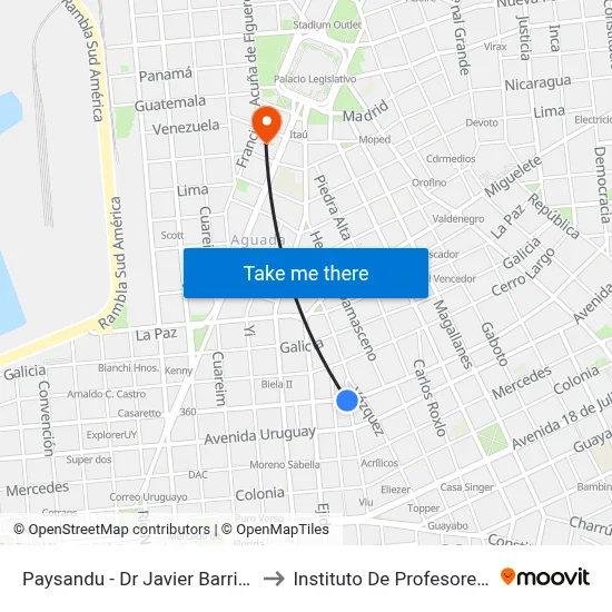 Paysandu - Dr Javier Barrios Amorin to Instituto De Profesores Artigas map