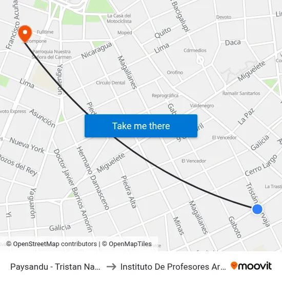 Paysandu - Tristan Narvaja to Instituto De Profesores Artigas map