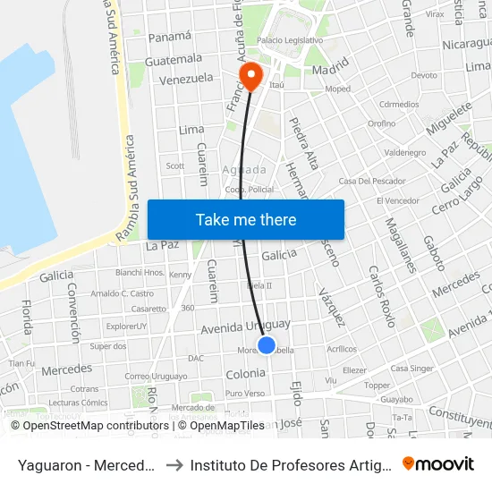 Yaguaron - Mercedes to Instituto De Profesores Artigas map