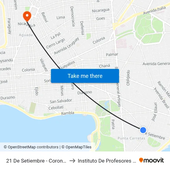 21 De Setiembre - Coronel Mora to Instituto De Profesores Artigas map