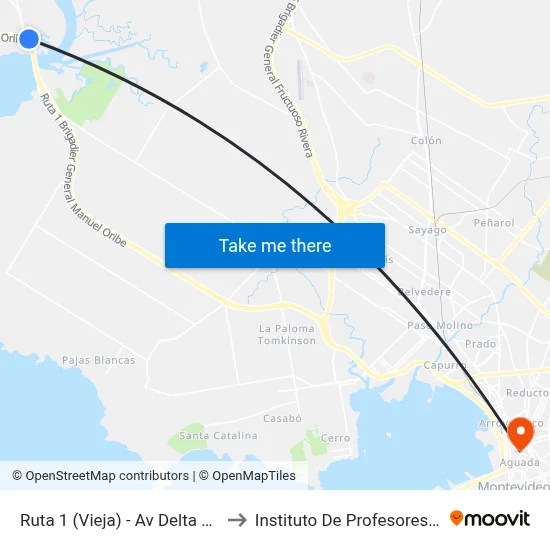 Ruta 1 (Vieja) - Av Delta Del Tigre to Instituto De Profesores Artigas map
