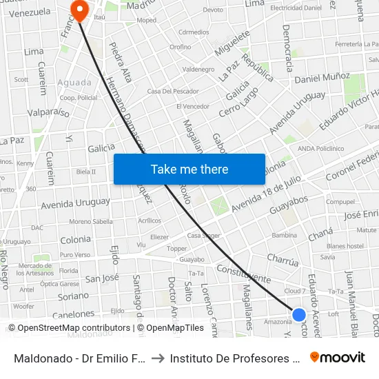 Maldonado - Dr Emilio Frugoni to Instituto De Profesores Artigas map